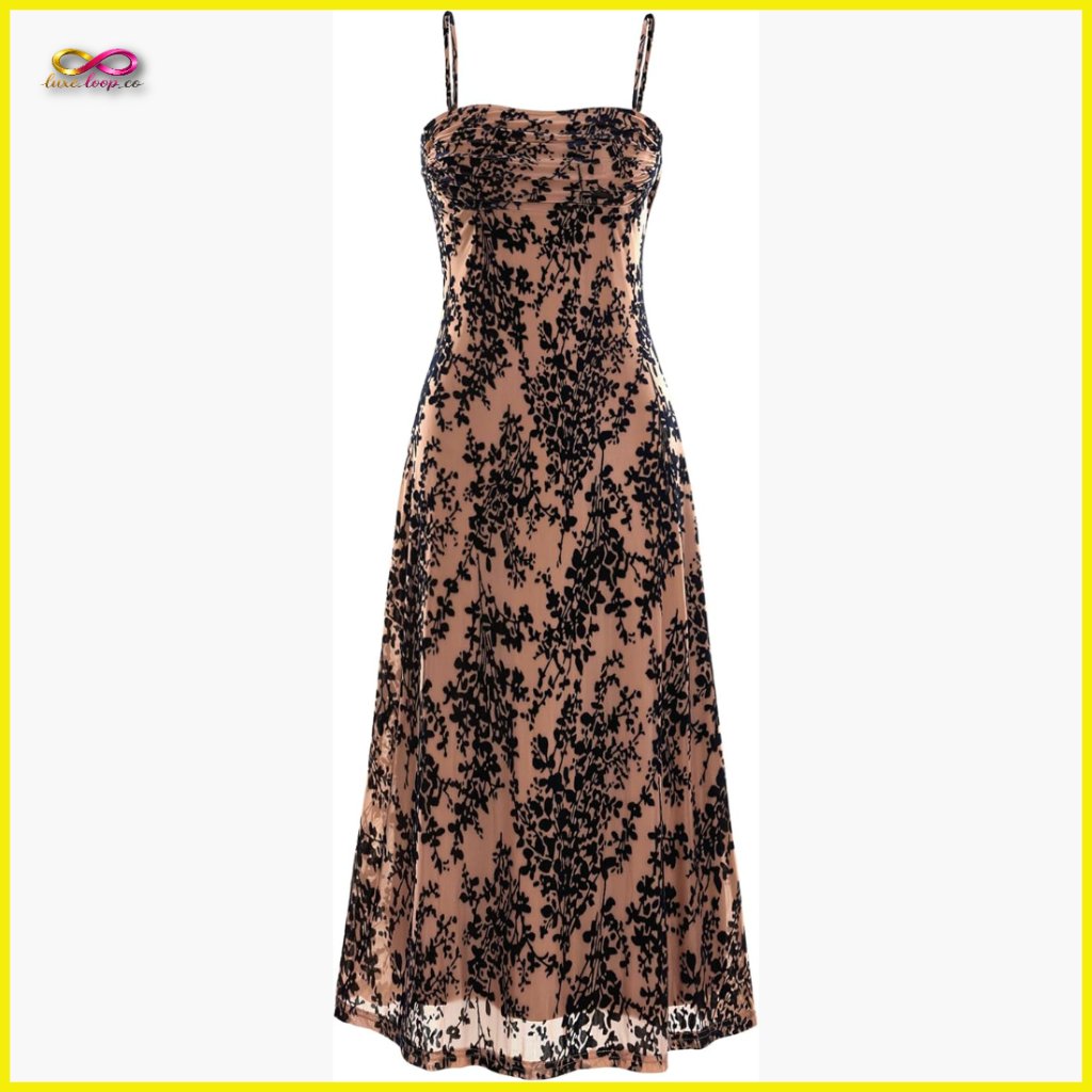 Sleeveless Spaghetti Strap Midi Dress Elegant Cowl Neck Floral Cocktail Party